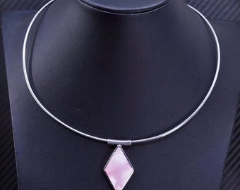 Collana girocollo vintage in argento sterling 925 messicano da 14&quot;, fatta a mano, con perline e ciondolo in madreperla rosa, punzonata 925