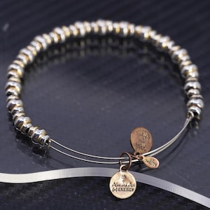 7” adjustable, vintage Alex and Ani two tone beads bangle, bracelet with charms, stamped Alex and Ani