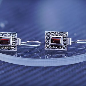 Vintage sterling silver 925 handmade earrings with ruby and marcasite, stamped 925