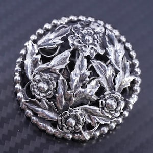 Vintage sterling silver 925 handmade circle rose flower brooch, stamped Sterling
