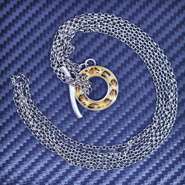 18” 2mm, vintage David Sigal 925 Sterling Silver Leopard Enamel Multi Link Toggle Necklace, stamped 925
