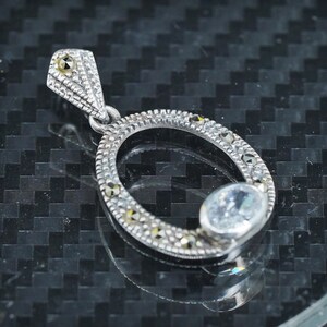 vintage sterling silver 925 oval charm pendant with cz and marcasite, stamped 925