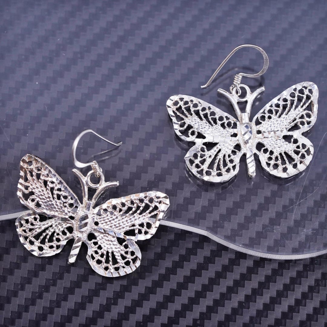 Boucles D'oreilles Pendantes Papillon Argent Vintage - état Parfait, Sans Marque