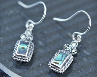 Vintage sterling silver 925 handmade earrings with abalone and marcasite, stamped 925