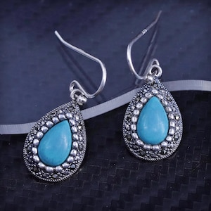 Vintage sterling silver 925 handmade teardrop earrings with turquoise and marcasites, stamped 925 SLC