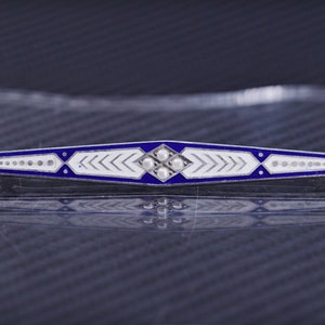 Vintage sterling silver 925 handmade long brooch with blue enamel and pearl, stamped sterling