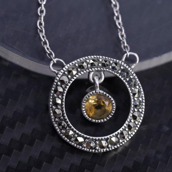 16” 1.6mm, vintage Judith Jack Sterling silver 925 circle chain necklace with circle citrine pendant  marcasite, stamped 925 JJ