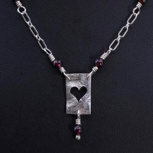 16”, vintage sterling silver 925 elongated chain necklace with garnet beads and heart pendant, stamped 925