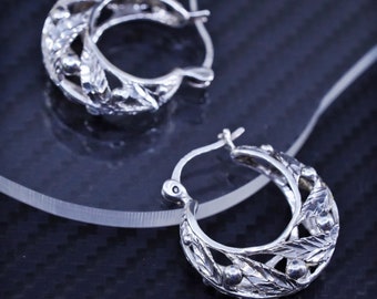 1”, vintage sterling silver 925 filigree leaves hoops handmade earrings, stamped 925