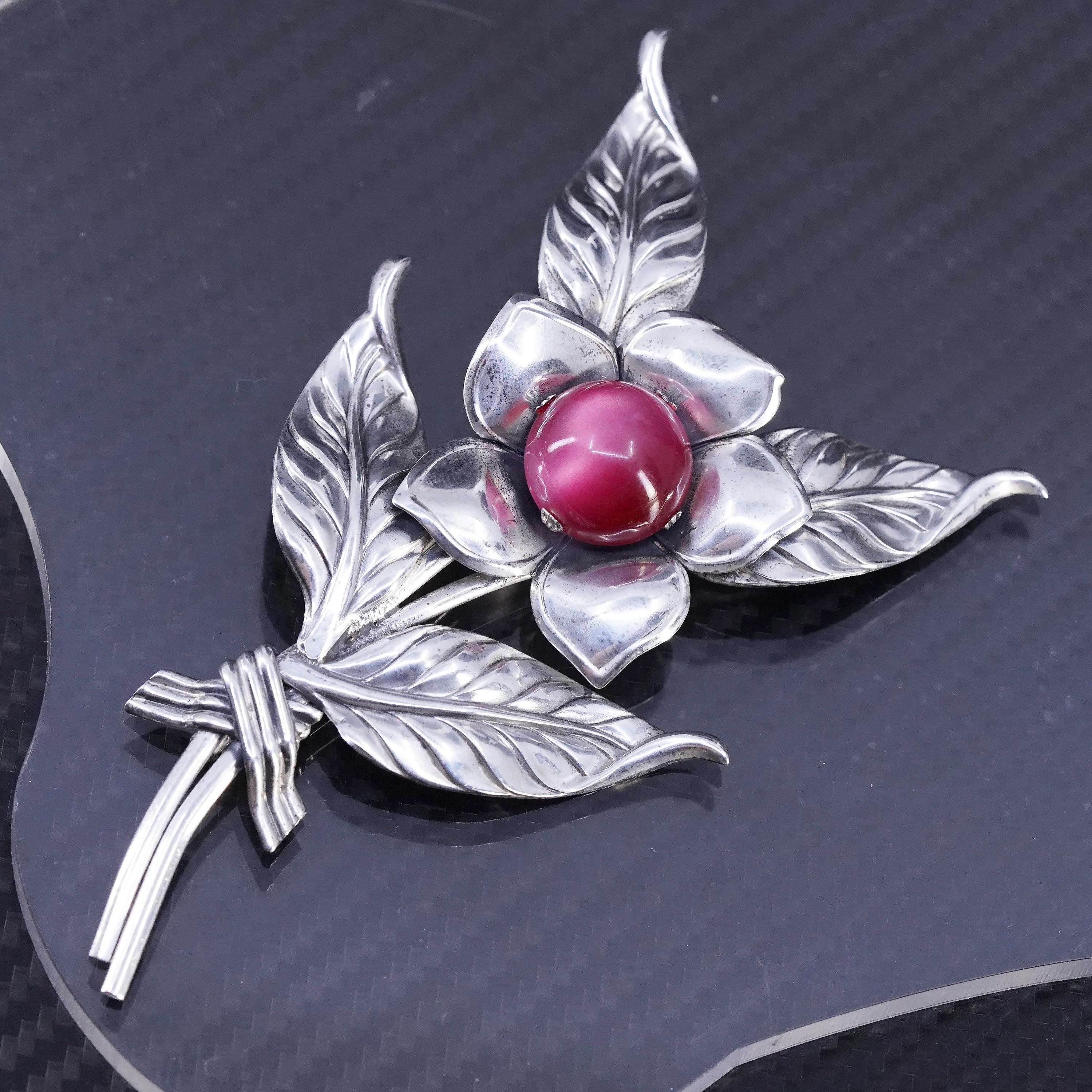 Vintage Coro Sterling Silber 925 handgefertigte Blumen Brosche mit Rose pink Tigerauge Stein, gestempelt Sterling Coro