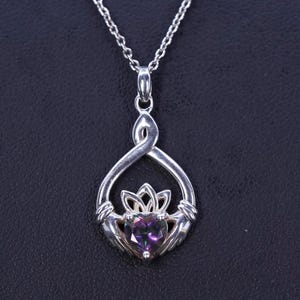 18” Vintage sterling silver 925 handmade Irish Celtic claddagh friendship heart pendant with rainbow topaz, stamped 925