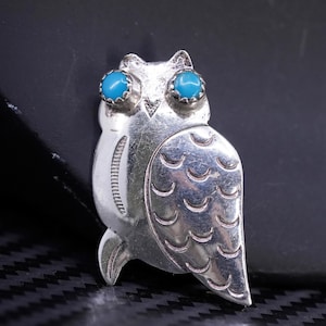 Spilla vintage Navajo in argento sterling 925 fatta a mano, spilla a forma di gufo con turchese, punzonata Sterling