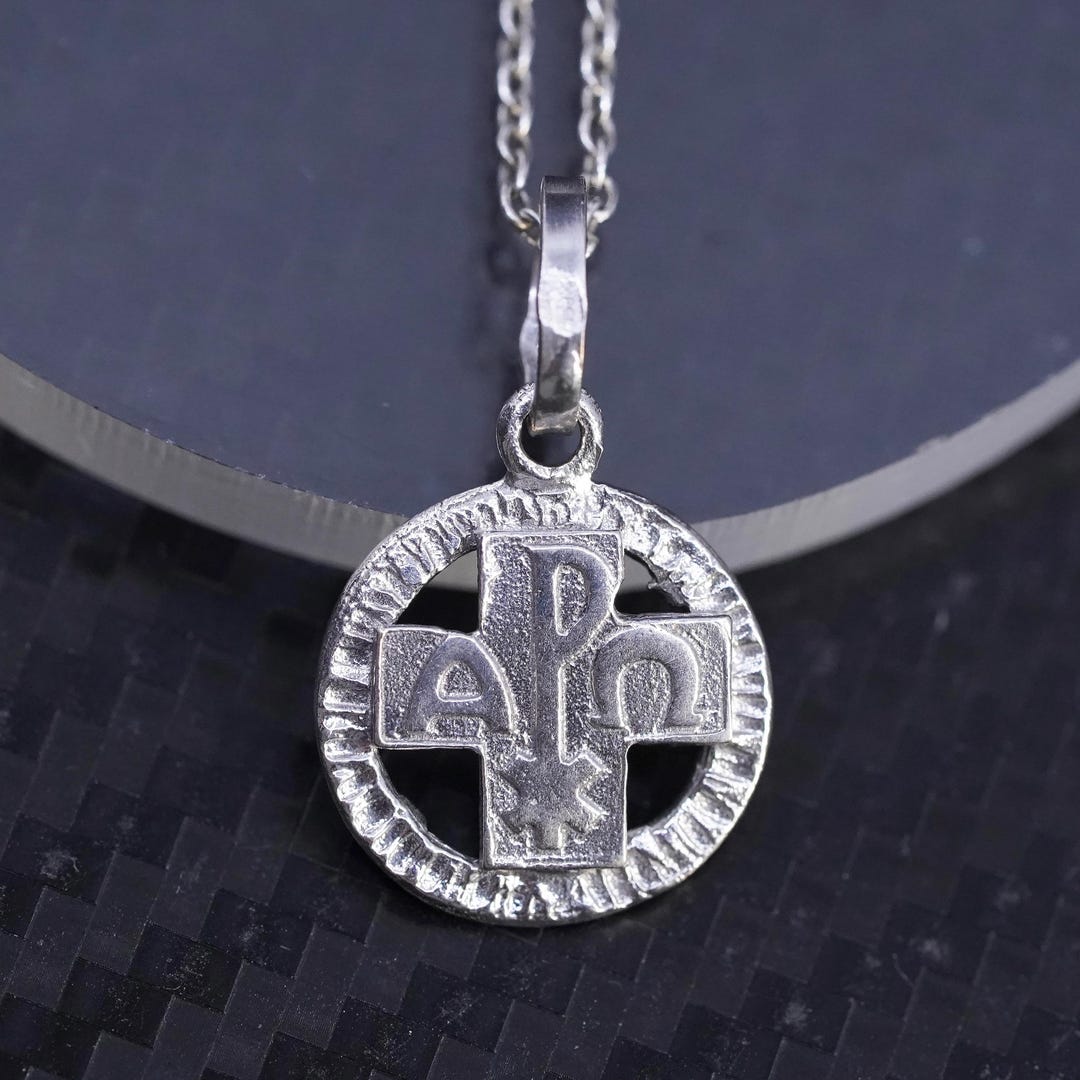 18” 1mm, Vintage 18K White Gold Christian “chi-rho” Tag Pendant With ...