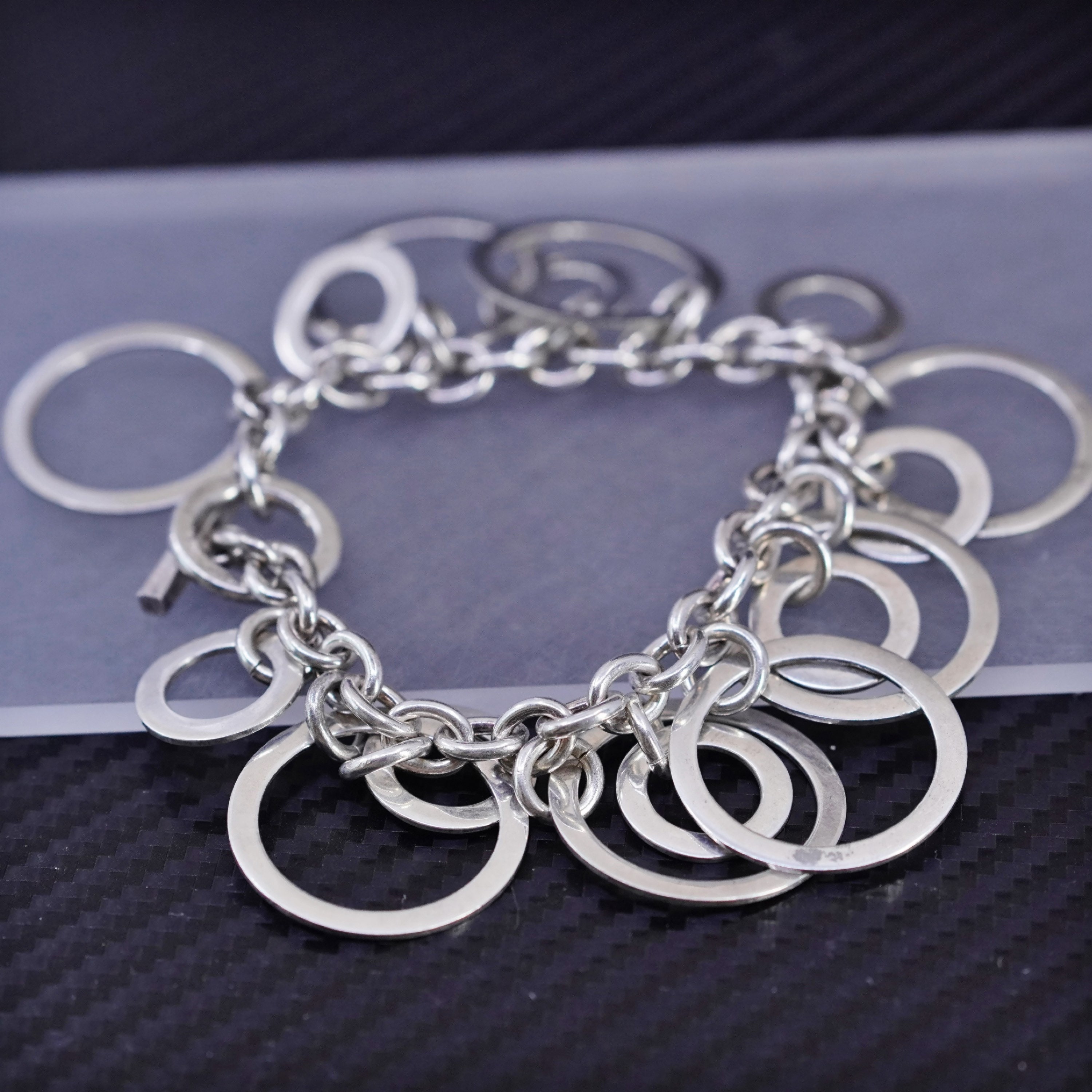 6.5 , Vintage Sterling Silver 925 Handmade Circle Chain Bracelet with Vary Size Circle Charms, Stamped 925