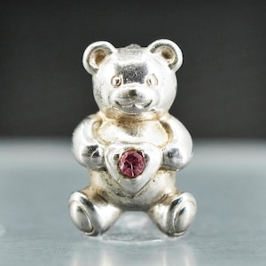 Vintage Sterling Silver 925 bear Charm Pendant with pink crystal, stamped 925 M