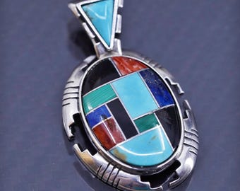 Vintage Carolyn Pollack sterling silver 925 oval pendant with turquoise lapis lazuli coral inlay, stamped 925
