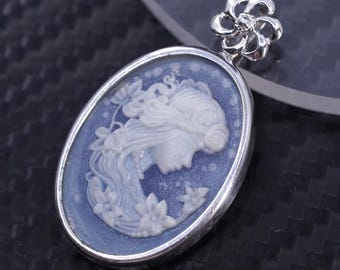 Vintage sterling Silver 925 Hand-carved blue agate Cameo Pendant, stamped 925