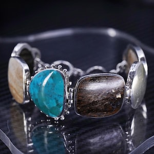 7”, Silpada Sterling 925 Silver Multi Stone Toggle Bracelet, B1934 Gem Stones Turquoise Jasper Bronzite Pyrite, stamped 925