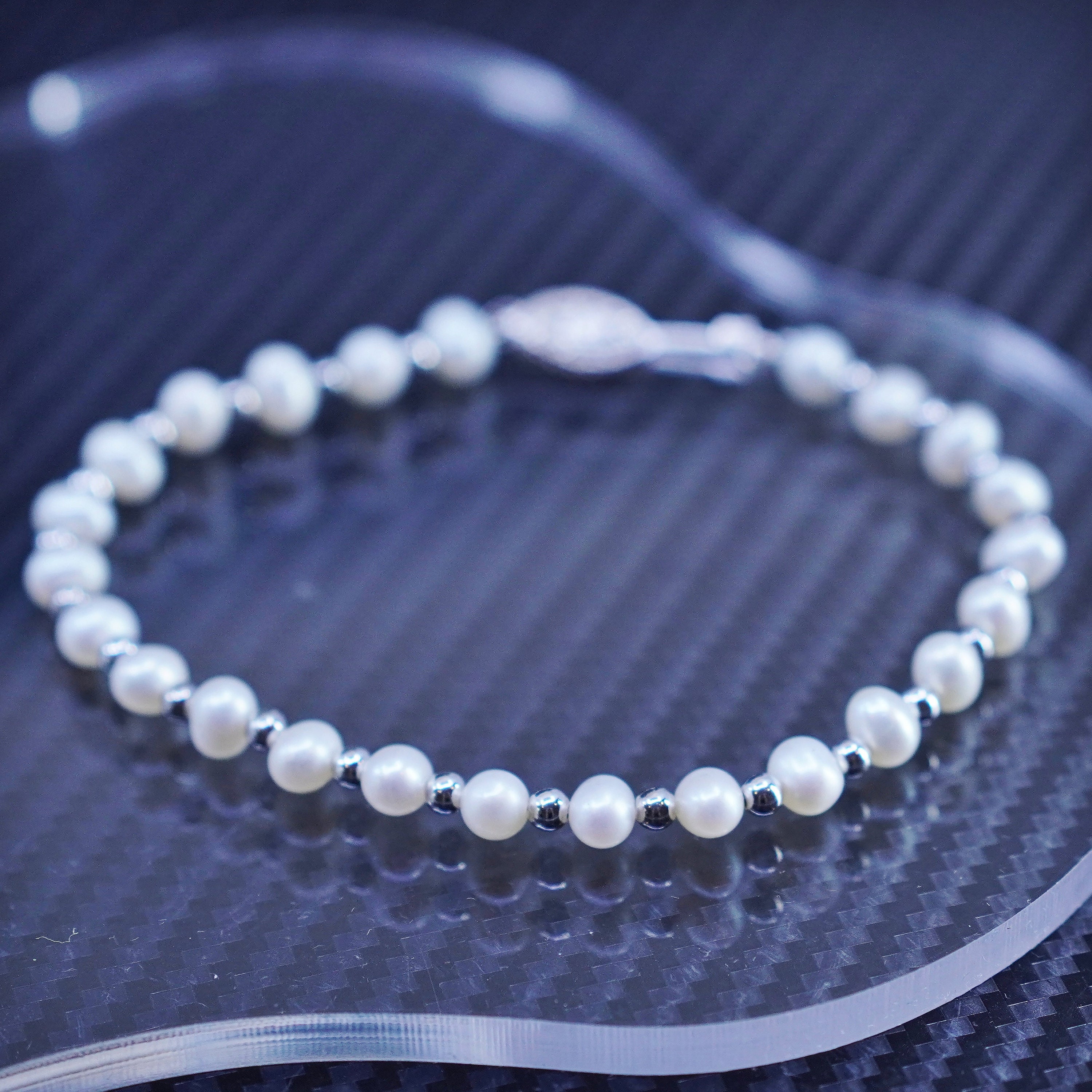 SILVER925 PEARL BRACELET/シルバー/ブレスレット 7.25”, Vintage Sterling Silver 925 Handmade 5mm Freshwater