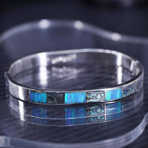 7”, Vintage Sterling Silver 925 Hinged Bangle With Opal Inlay 