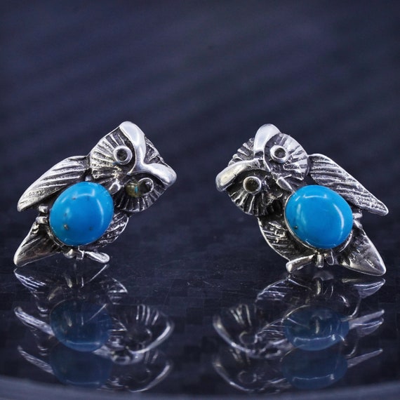 Native American Detailed Vintage Southwestern Turquoise Owl Sterling Silver Earrings Native American Detailed Vintage Southwestern Turquoise Owl Sterling Silver Earrings