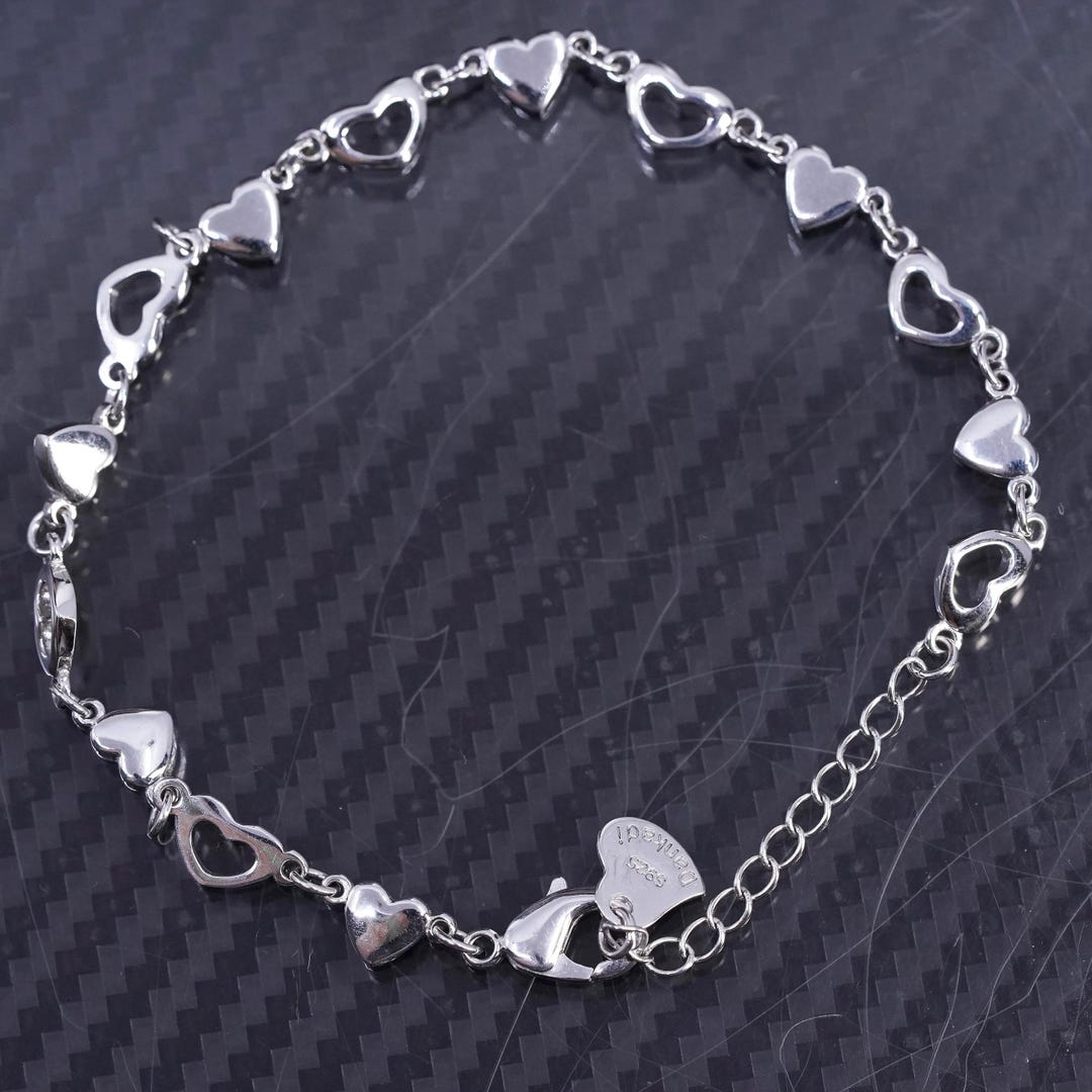 6.5+1”, Vintage Sterling Silver 925 Handmade Heart Chain Bracelet
