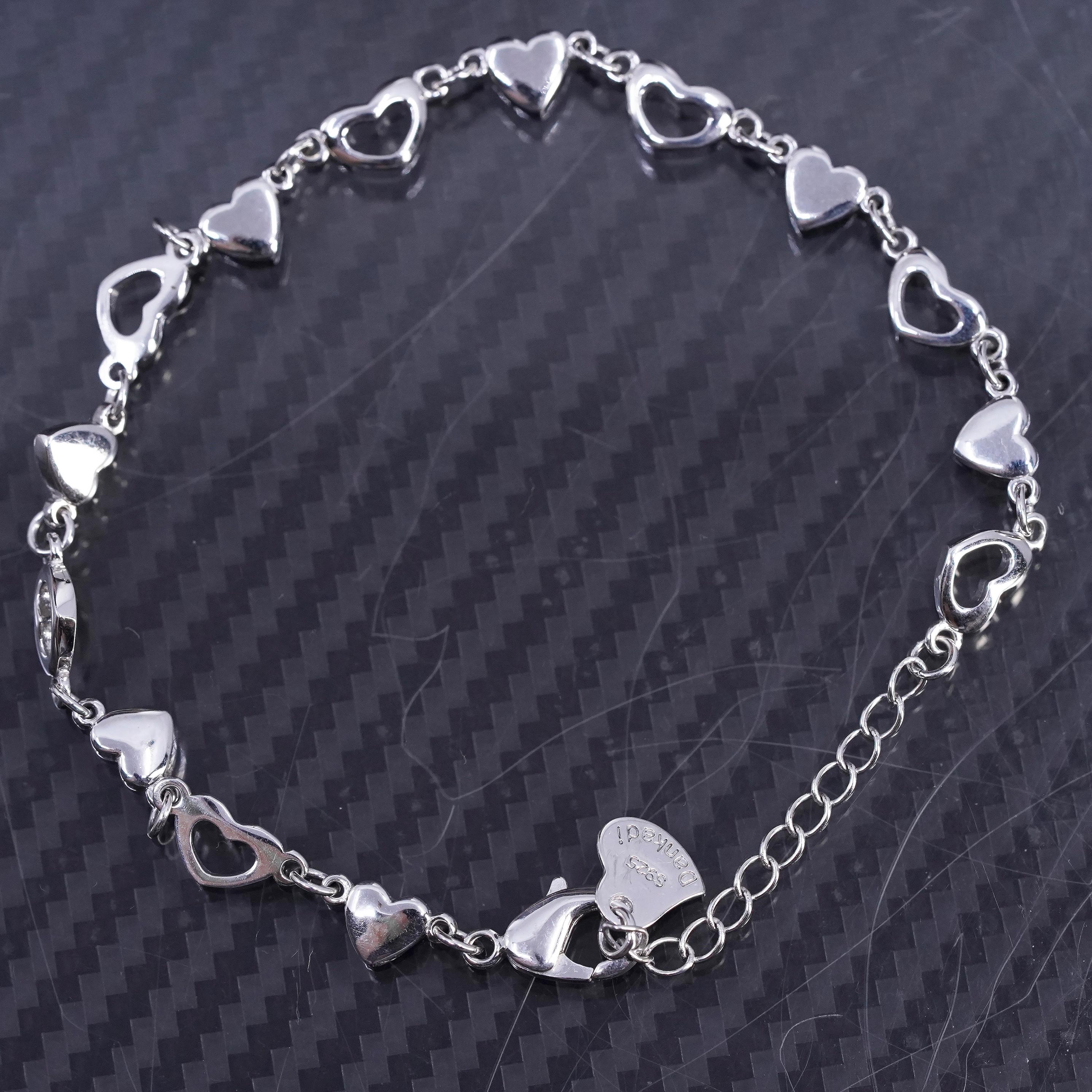 6.5+1”, Vintage Sterling Silver 925 Handmade Heart Chain Bracelet