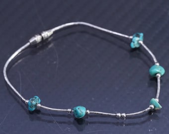 Bracciale vintage da 6,75”, in argento liquido sterling 925 fatto a mano con perline turchesi, argento testato.