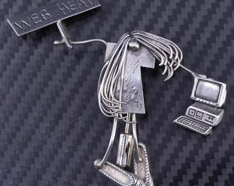 vintage Jeff Storey LHTC Lady Sterling 925 Silver web head girl Brooch with computer, stamped LHTC Sterling