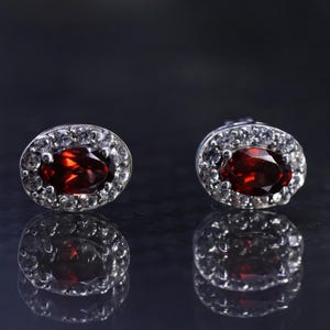 Vintage SUN sterling silver 925 oval studs earrings with ruby and diamond around, stamped 925 SUN