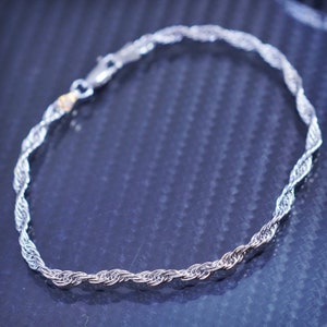 7.25” 4mm, vintage sterling silver 925 handmade rope chain bracelet, stamped 925 Italy