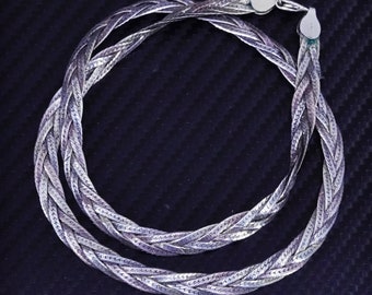 18” 7mm, vintage triple tone sterling silver 925 braided woven herringbone chain necklace, stamped 925 Italy