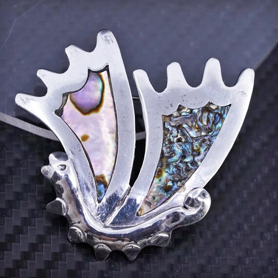 Vintage Taxco sterling silver 925 handmade abalone inlay butterfly brooch, stamped 925 Taxco signed