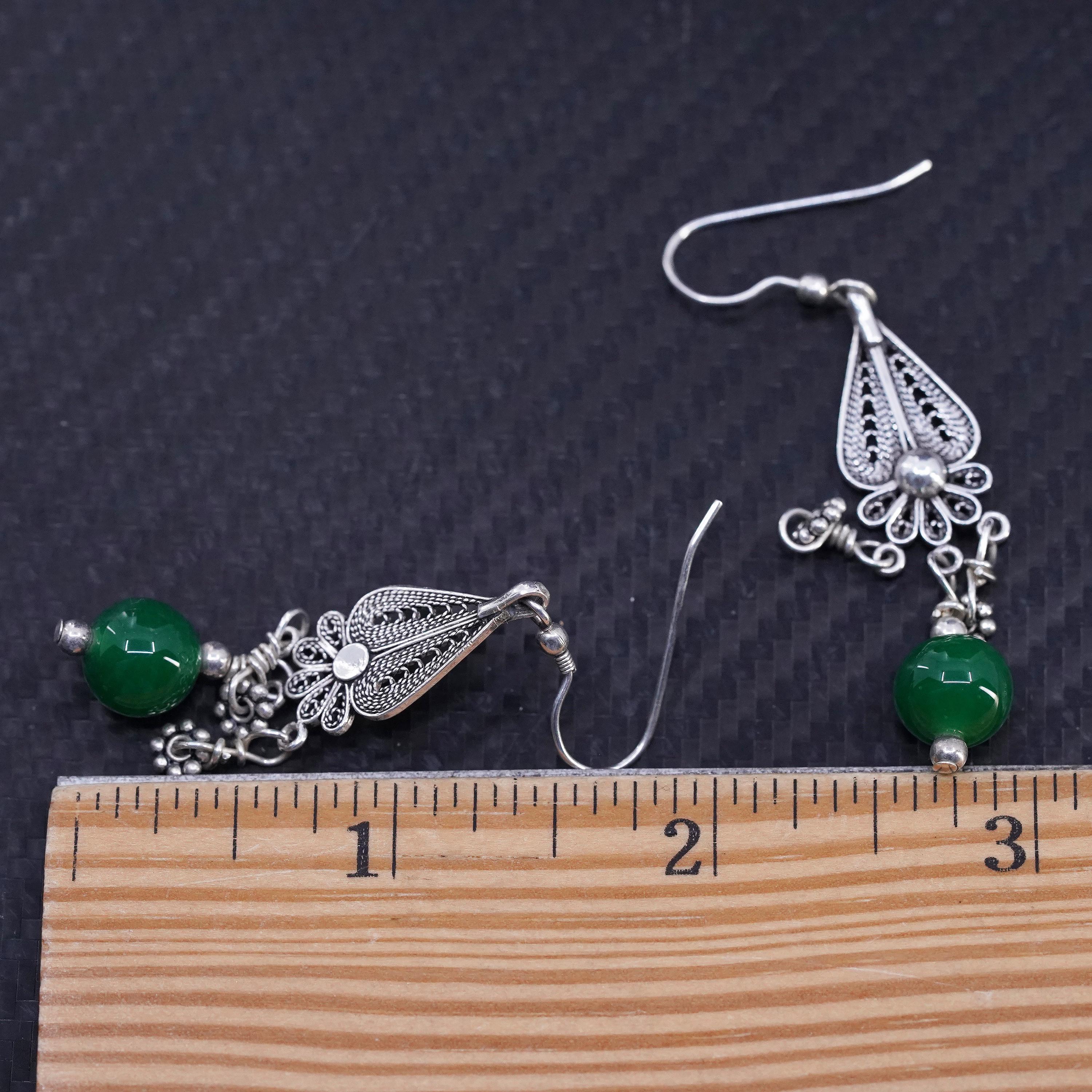 Orecchini vintage a goccia in filigrana fatti a mano in argento sterling 925 con perlina di giada, punzonati 925 - Italia