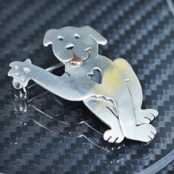 Vintage two tone far fetched sterling silver 925 handmade puppy dog brooch, stamped Far fetched 925