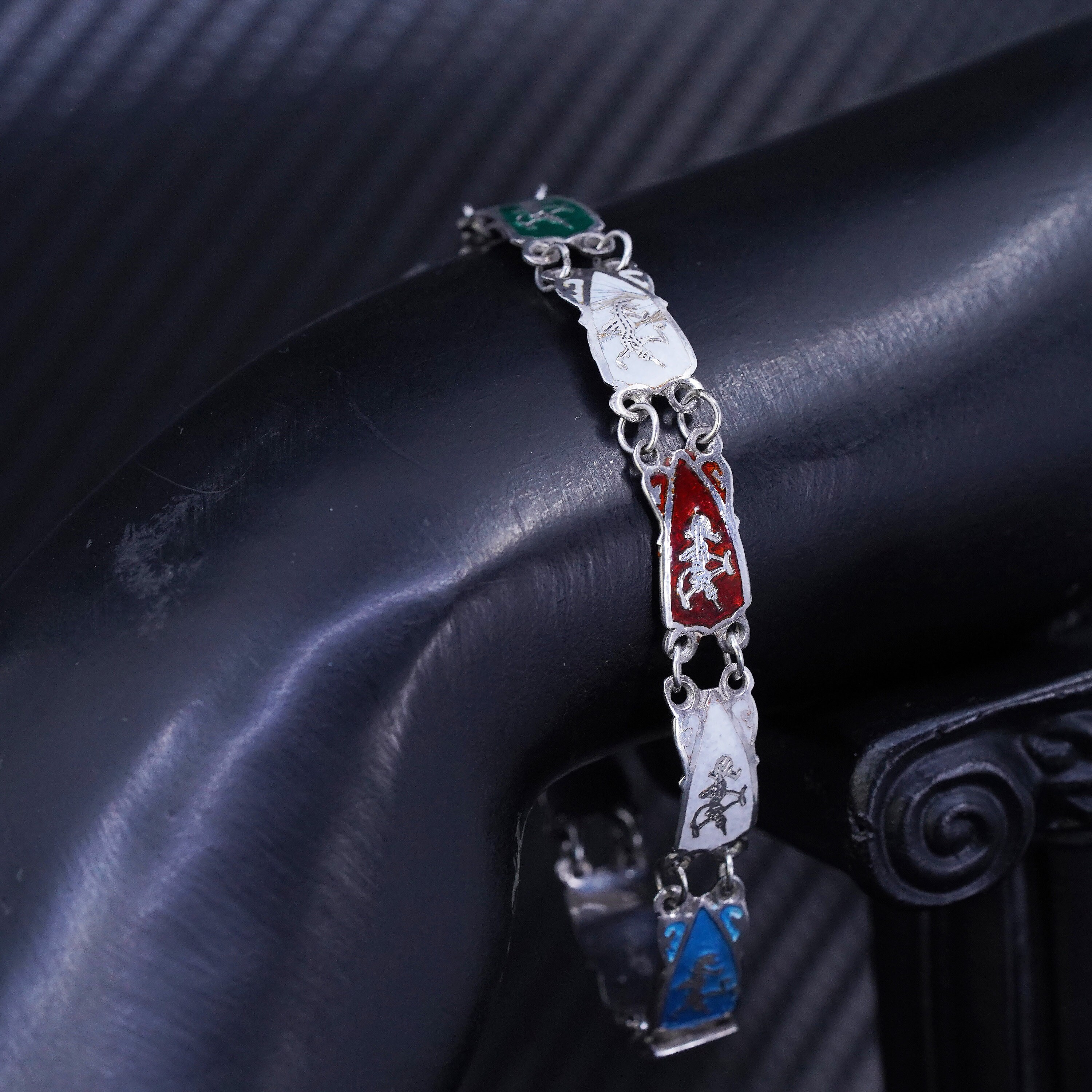 6.5”, Vintage Indian Siam Sterling Silver 925 Color Enamel Links