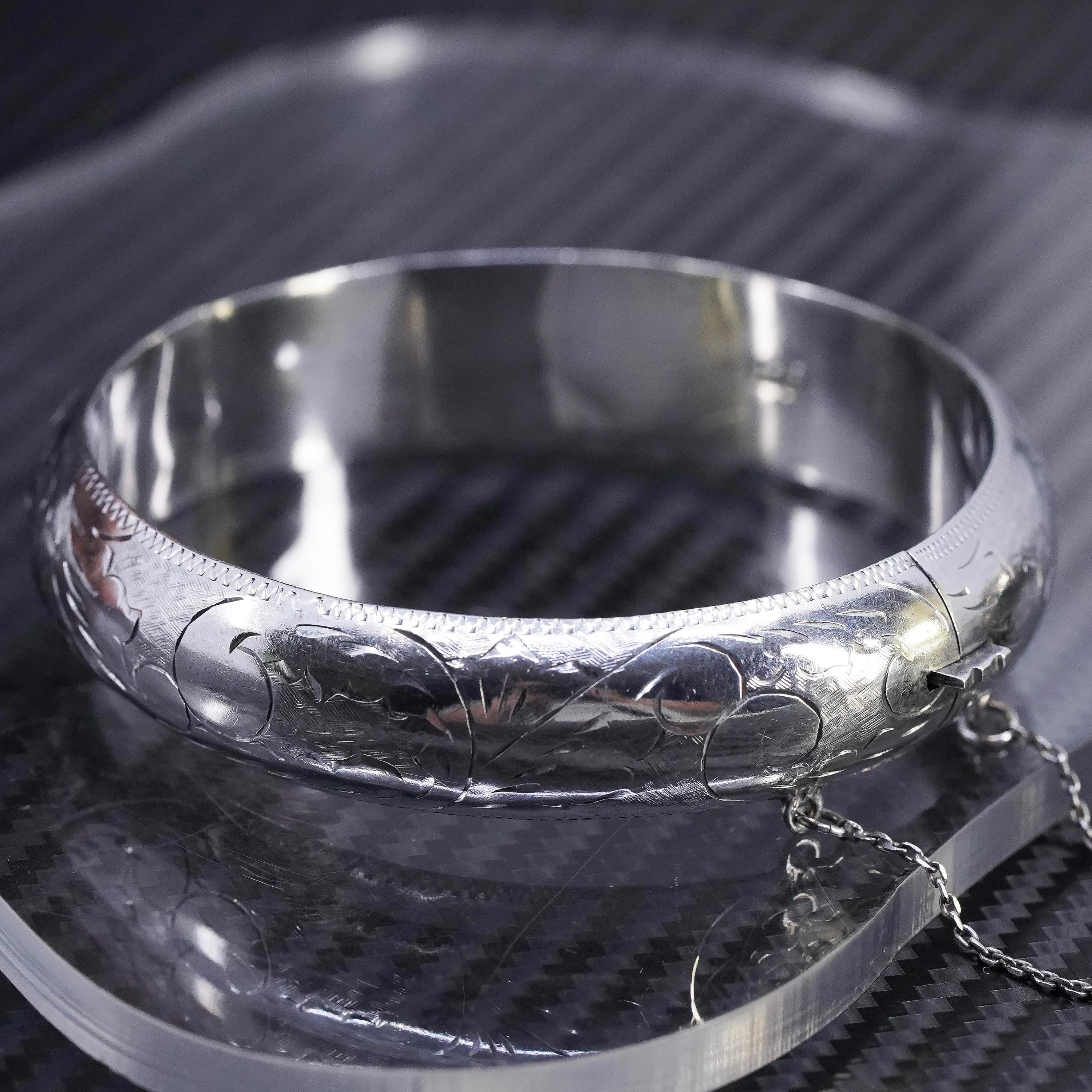 7”, Vintage Sterling Silver 925 Textured Hinged Bangle, Wide