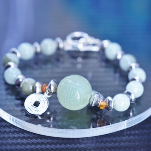 6.5+0.5”, vintage sterling silver 925 handmade bracelet with green jade beads and good luck Chinese charm, silver tested