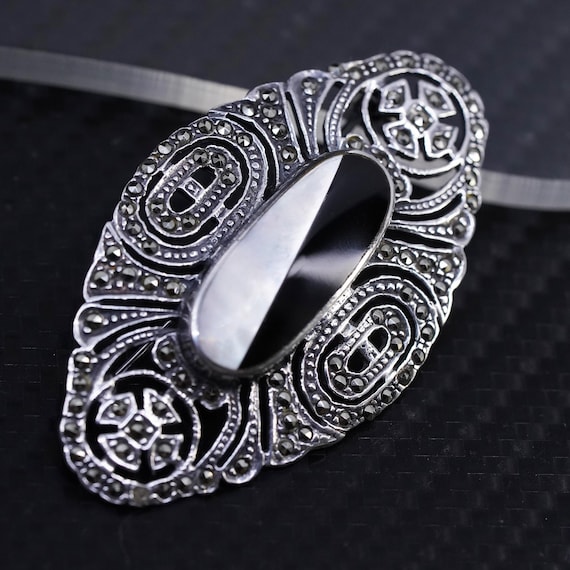 Broche Ancienne En Argent Massif Pierres Marcassite Et Onyx - XIXème - Véritable 925