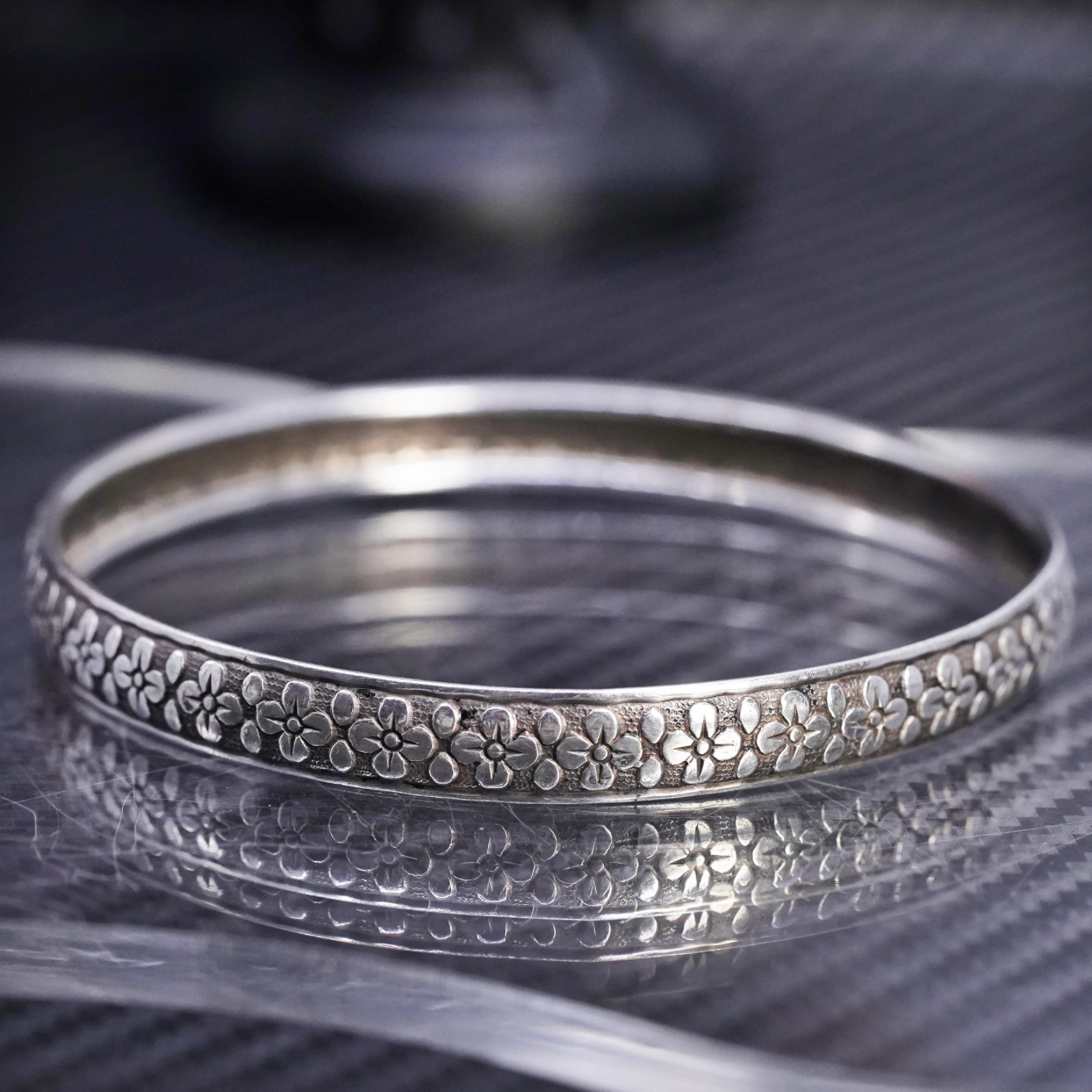 8”, Vintage Mexican Sterling Silver 925 Floral Textured Bangle