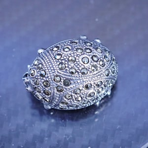 Vintage sterling silver handmade brooch, 925 ladybug with marcasite, stamped 925