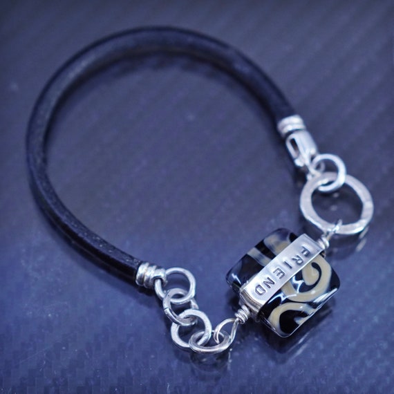 6.25”, Vintage black leather bracelet with sterli… - image 1