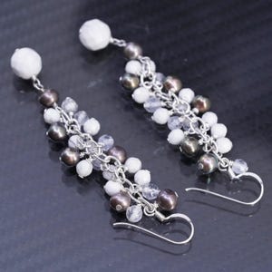 Vintage sterling silver 925 handmade earrings with cluster crystal pearl beads, stamped 925
