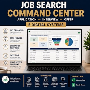 Op de afbeelding: Een digitaal jobzoek-commandocentrum op een laptopscherm, met een Excel-dashboard voor het bijhouden van sollicitaties, interviewstatistieken en aanbiedingsgegevens. Het bevat vijf digitale systemen, organisatorische iconen en compatibiliteit met Microsoft Excel en Google Sheets.