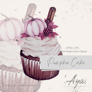 Aquarell Blumen Clipart Kürbis Cupcake Sublimation Clipart Datei Png Jpg Pdf, Herbst Motiv Bäckerei Kunst Sanfte Farben Design Rosenkürbis