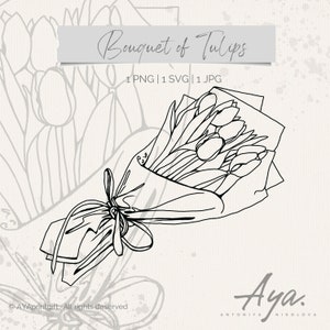 Floral Line Art Bundle | Tulips Bouquet SVG | Clipart | Spring Flowers | Hand Drawn Vector Tulips | Tulip Design | Digital Download