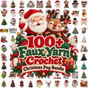 Puede incluir: Una colección digital de más de 100 gráficos navideños de ganchillo de imitación, con una imagen central de un Santa Claus y un reno tejidos, y el texto 100+ Faux Yarn Crochet Christmas Png Bundle en una fuente texturizada.
