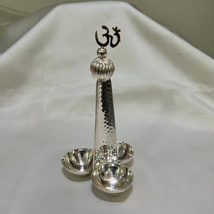 3 wick silver plated Diya for pooja Diwali home decoration oil lamp, ghee diya