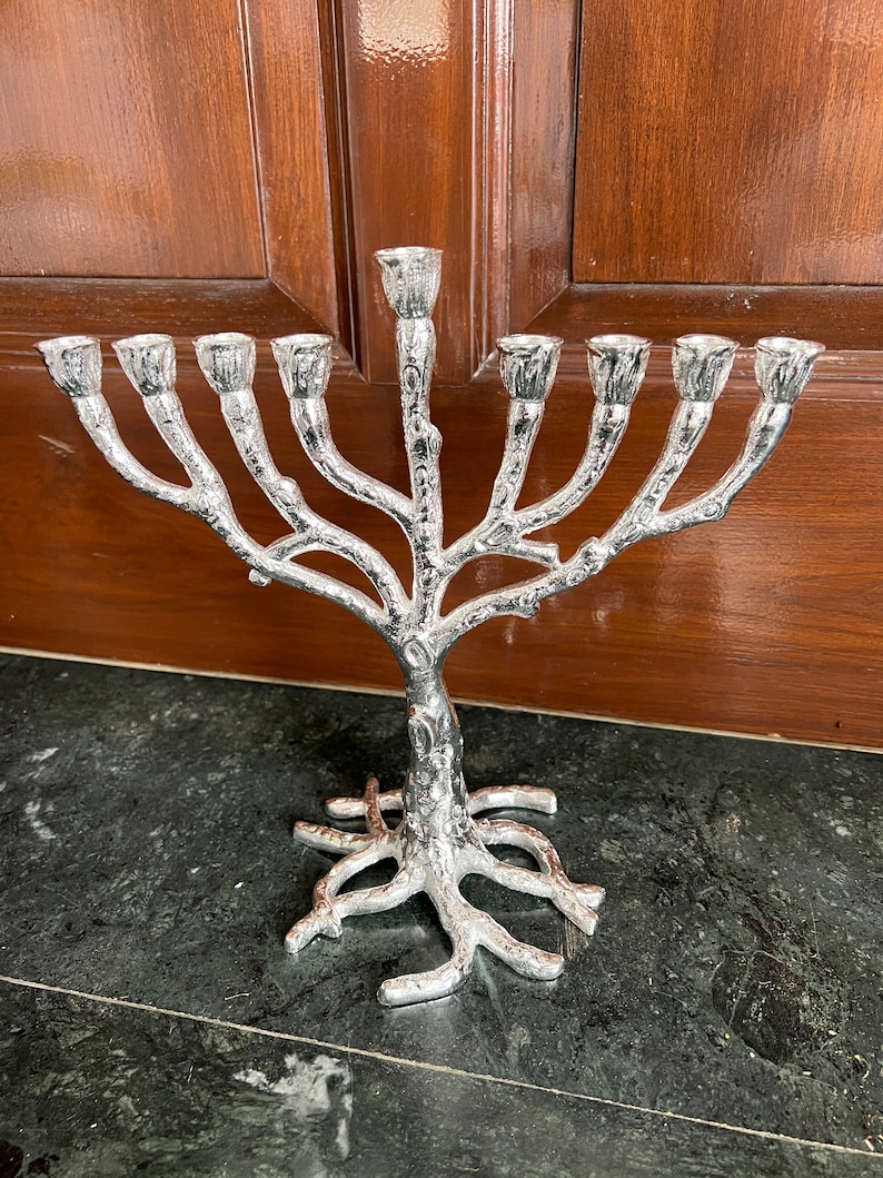 Jewish Menorah, Antique Menorah for Chanukkah Brass Candelabra Silver