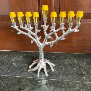 Silver Plated Tree Menorah: Jewish Hanukkah 9 Branch Candelabra